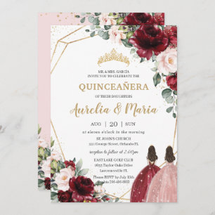 Convites Quinceañera Red Blush Rosa Rosa Dourada Gêmeas Flo