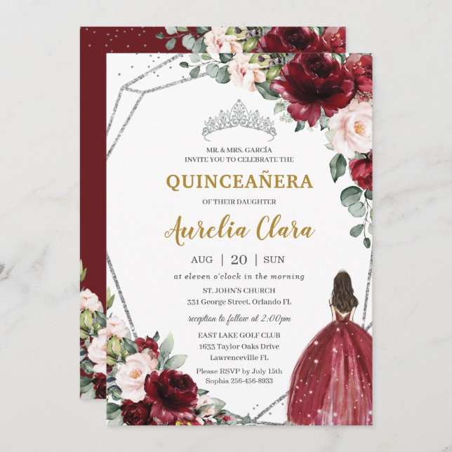 Convites Quinceañera Red Burgundy Blush Floral Silver Tiara (Frente/Verso)