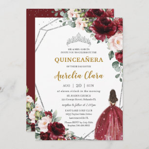 Convites Quinceañera Red Burgundy Blush Floral Silver Tiara