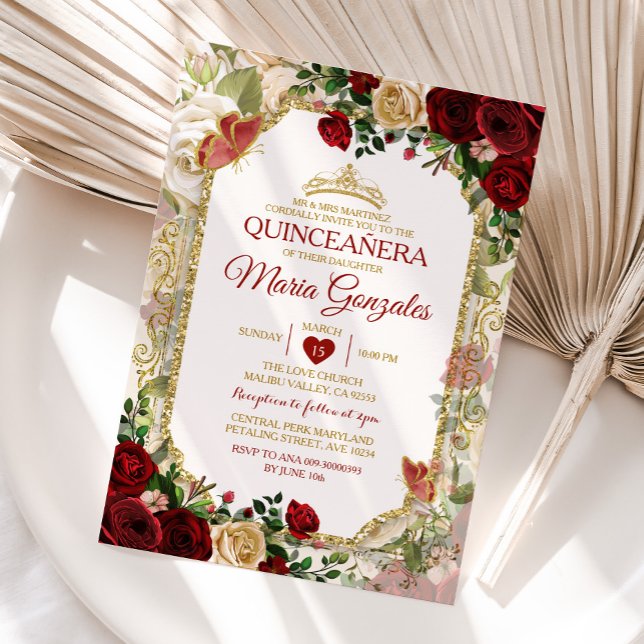 Convites Quinceañera Red & Dourada Coroa Mexicana (Criador carregado)