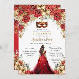 Convites Quinceañera Red Dourada Rosas Floral Mascarada Bal