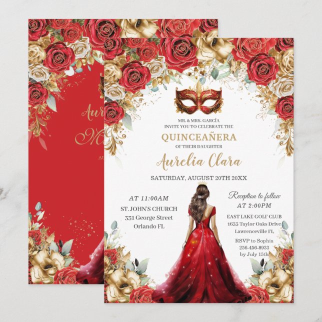 Convites Quinceañera Red Dourada Rosas Floral Mascarada Bal (Frente/Verso)