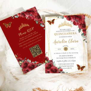 Convites Quinceañera Red Floral Borboletas Douradas QR RSVP