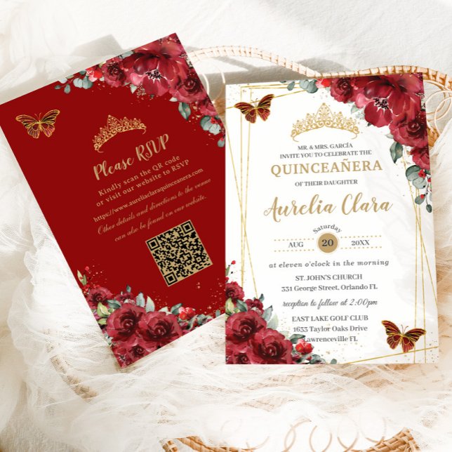 Convites Quinceañera Red Floral Borboletas Douradas QR RSVP (Criador carregado)