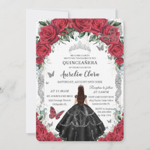 Convites Quinceañera Red Floral Negra Vintage Silver