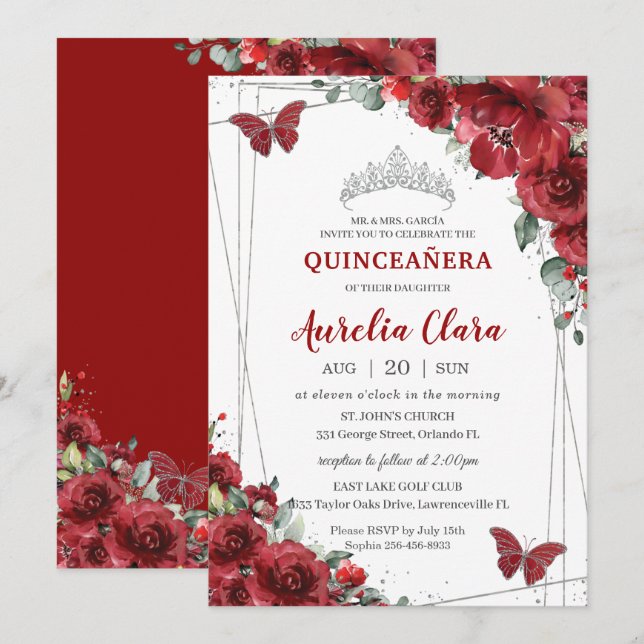 Convites Quinceañera Red Flowers Floral Silver Butterfly (Frente/Verso)