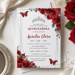 Convites Quinceañera Red Flowers Floral Silver Butterfly