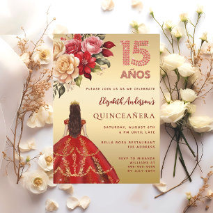 Convites Quinceanera red gold dress florais rosas