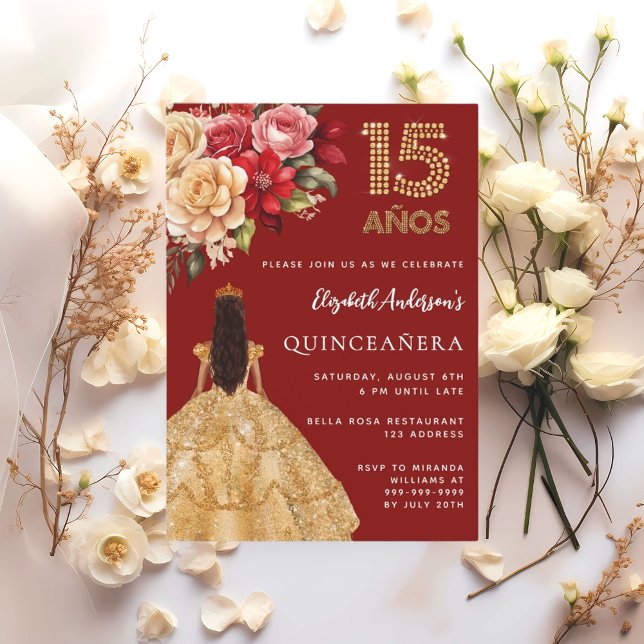 Convites Quinceanera red gold dress florais rosas (Criador carregado)