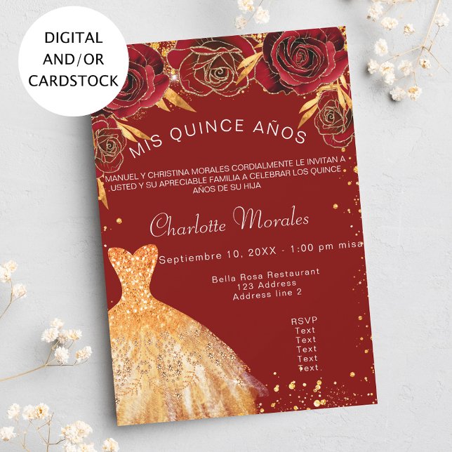Convites Quinceanera Red Gold Flores (Criador carregado)