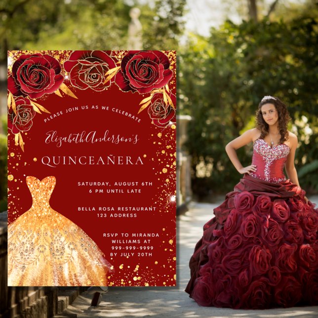 Convites Quinceanera red gold glitter florais (Criador carregado)