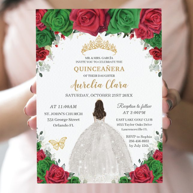Convites Quinceañera Red Green Princesa Floral Branca (Criador carregado)