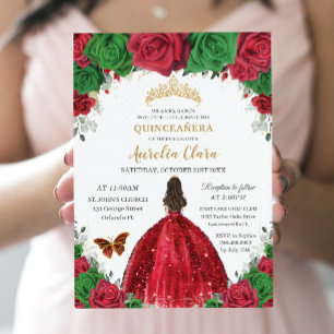 Convites Quinceañera Red Green Rosas Floral Princesa Dourad