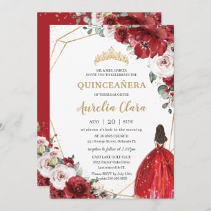 Convites Quinceañera Red Ivory Blush Princesa Floral