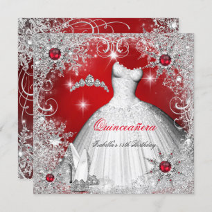 Convites Quinceanera Red Pearl Prata Flocos de neve de inve
