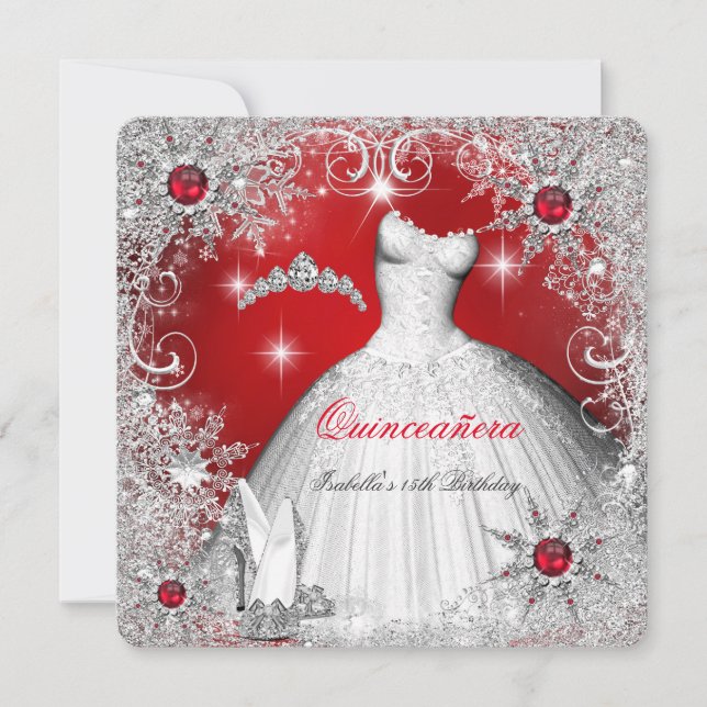 Convites Quinceanera Red Pearl Prata Flocos de neve de inve (Frente)