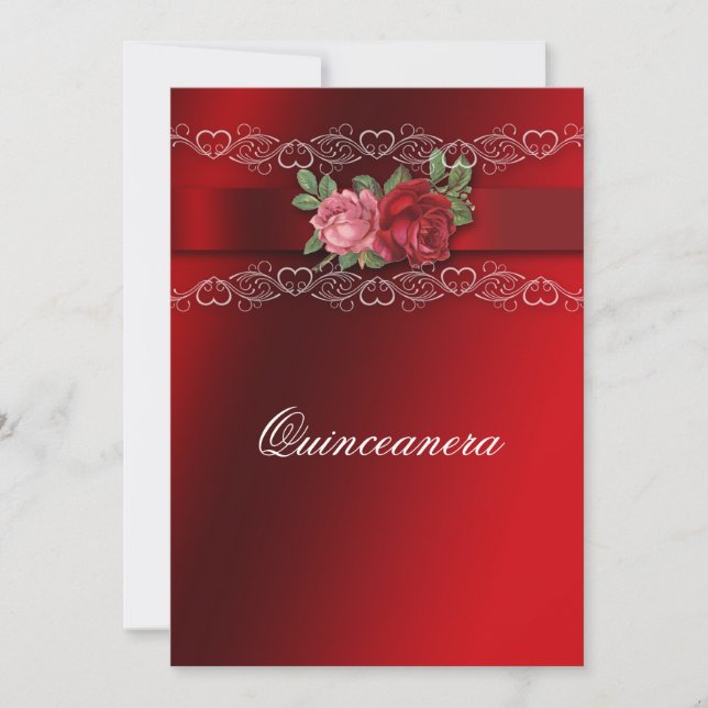 Convites Quinceanera Red Pink Roses Red Satin (Frente)