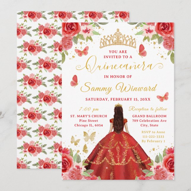 Convites Quinceañera Red Princess Brunette Girl (Frente/Verso)