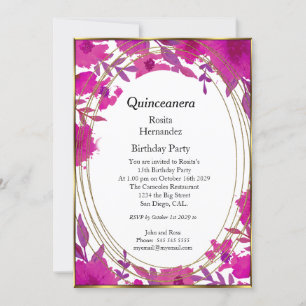 Convites Quinceanera Red Purple Flores Festa de aniversário