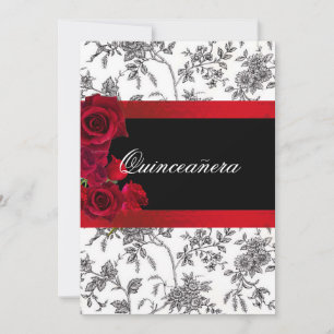Convites Quinceanera Red Satin Rosas Black White Toile