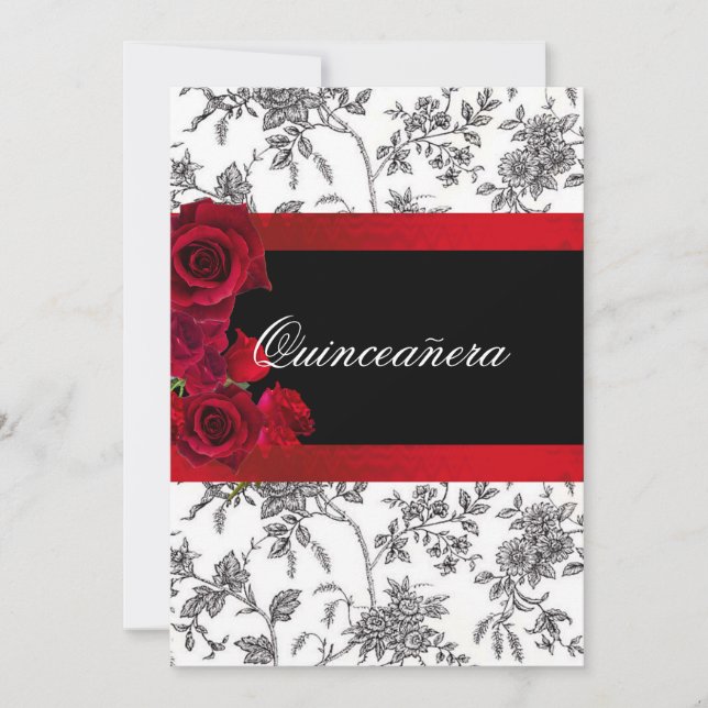 Convites Quinceanera Red Satin Rosas Black White Toile (Frente)