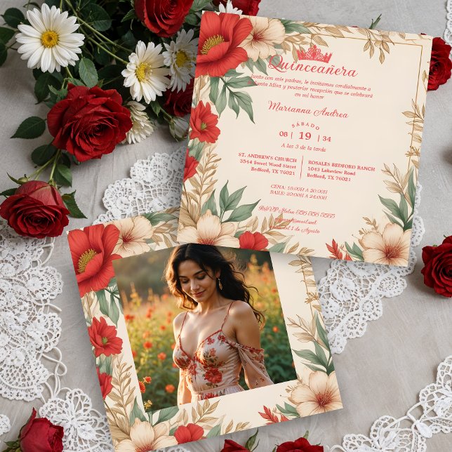 Convites Quinceañera Red Shades Foto Floral Suave Espanhola (Quinceañera Red Shades Sweet Floral Spanish Photo Square Invitations Cards. )