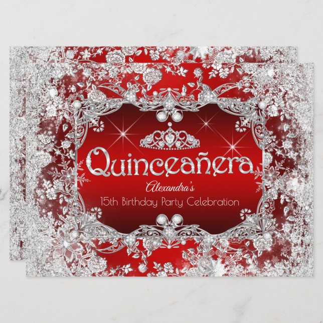 Convites Quinceanera Red Silver Tiara Winter Wonderland (Frente/Verso)