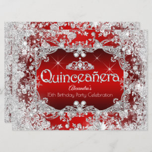Convites Quinceanera Red Silver Tiara Winter Wonderland