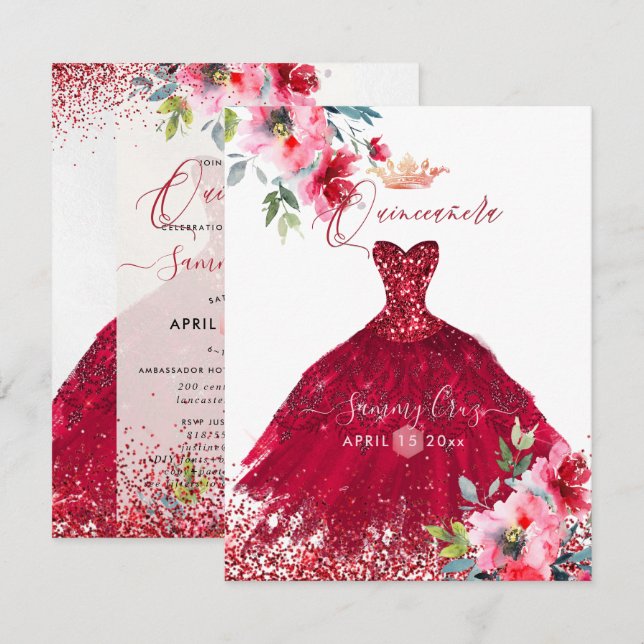 Convites Quinceanera Red Sparkle Gown Watercolor Flores Em (Frente/Verso)
