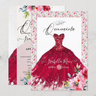 Convites Quinceanera Red Sparkle Gown Watercolor Flowers