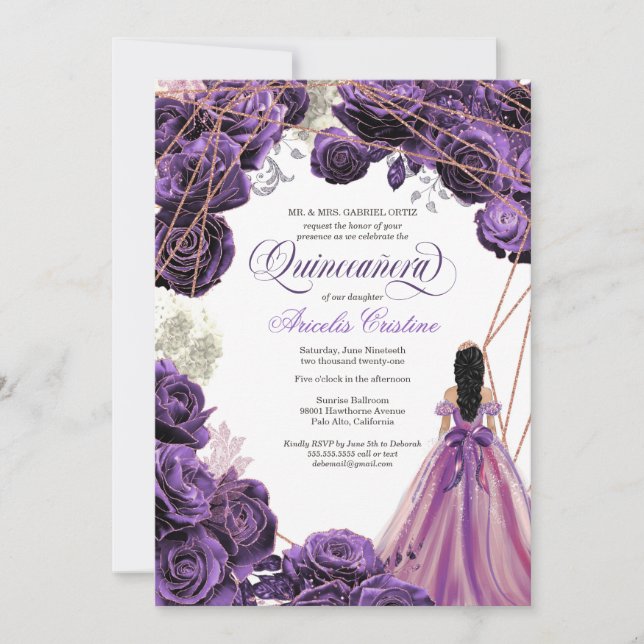 Convites Quinceañera Regal Real Roxo e Rosa Dourada e  (Frente)