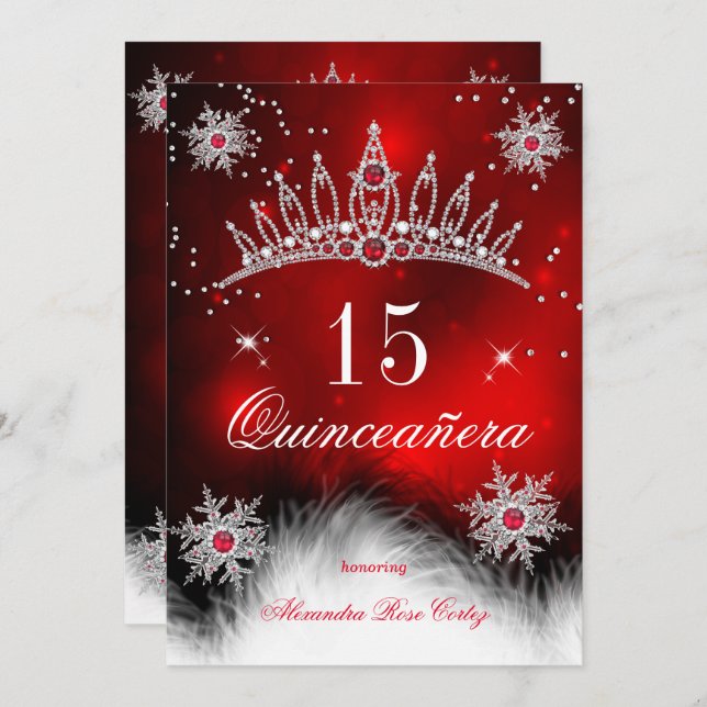 Convites Quinceanera Regal Red Snowflake 15 Birthday (Frente/Verso)
