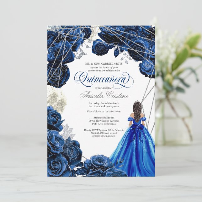 Convites Quinceañera Regal Royal Blue & Silver w Gown Invit (Em pé/Frente)