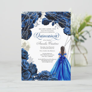 Convites Quinceañera Regal Royal Blue & Silver w Gown Invit