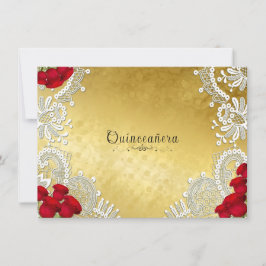 Convites Quinceanera Renda Branca com Rosas Vermelhas em Do
