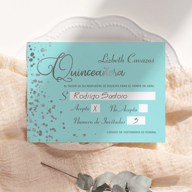 Convites Quinceanera - Resposta Espanhola - Blue Silver RSV (Criador carregado)