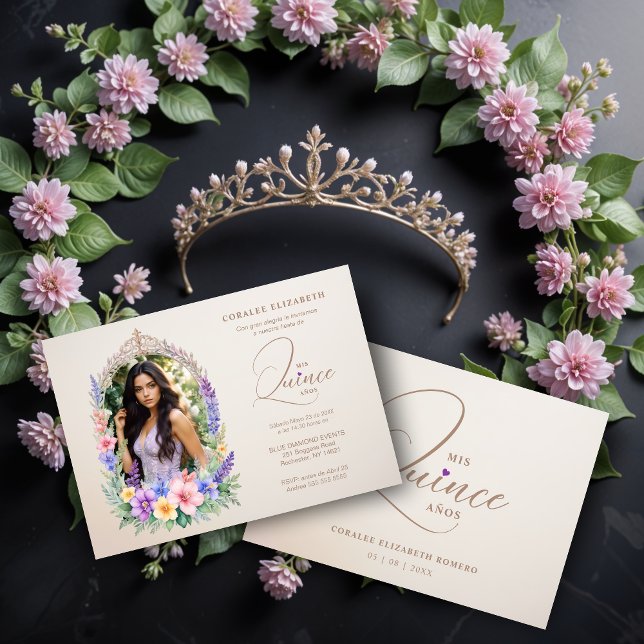 Convites Quinceañera Romantic Glam Floral Ornate Arch  (Pastel Romantico Glam Floral Ornate Arch Photo Spanish Quinceañera Invitations Cards.)