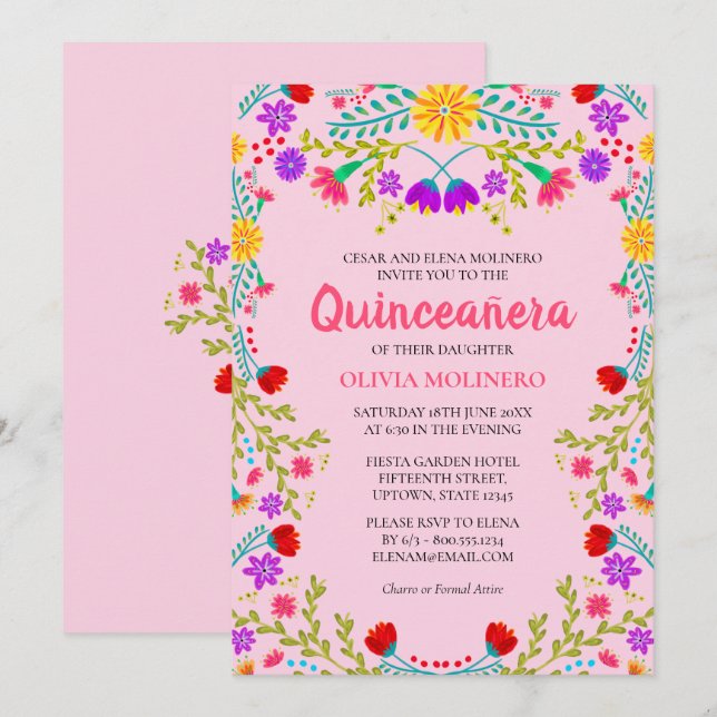 Convites Quinceanera Rosa 15 Floral Mexicano Aniversário (Frente/Verso)