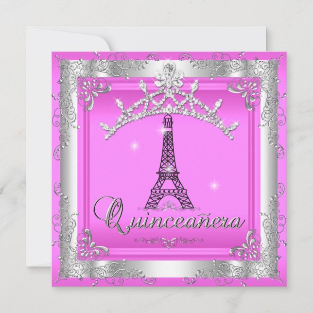 Convites Quinceanera rosa 15 Torre Silver Tiara Eiffel (Frente)