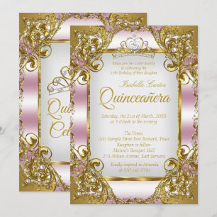 Convites Quinceanera Rosa Bege Tiara Dourada com Pérola Fes