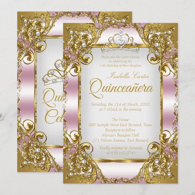 Convites Quinceanera Rosa Bege Tiara Dourada com Pérola Fes (Frente/Verso)