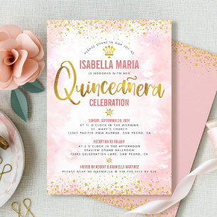 Convites Quinceañera Rosa Bege Watercolor Folha Dourada Men