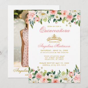 Convites Quinceanera Rosa Blush Foto Dourada Floral