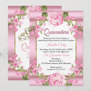 Convites Quinceanera Rosa Bonito Floral Dourado