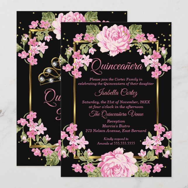 Convites Quinceanera Rosa Bonito País Floral Dourado (Frente/Verso)