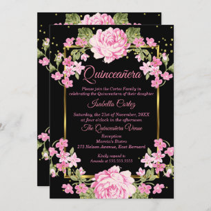 Convites Quinceanera Rosa Bonito País Floral Dourado