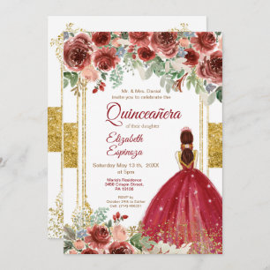 Convites Quinceañera Rosa Burgundy Dourado