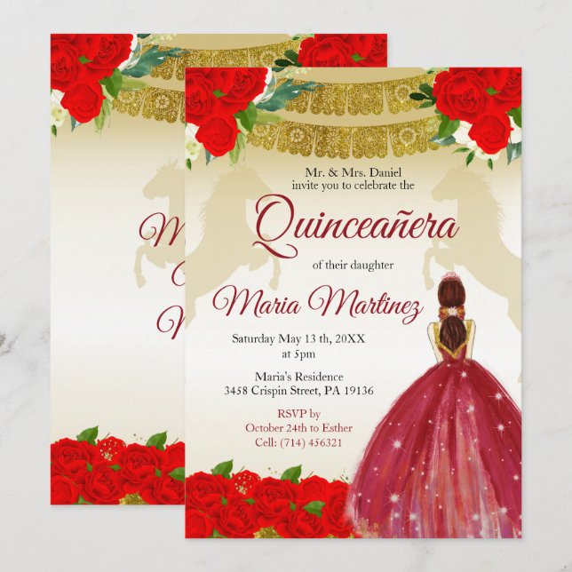 Convites Quinceañera Rosa Burgundy Dourado Aniversário Mexi (Frente/Verso)