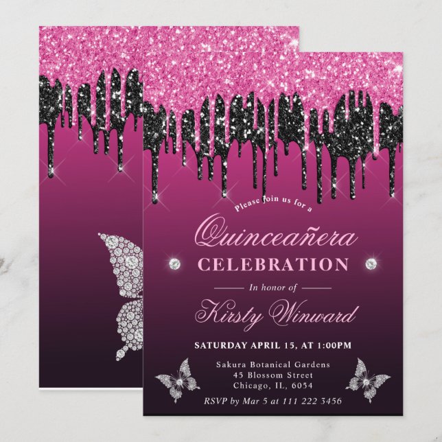 Convites Quinceanera Rosa Choque e Preto com Glitter Pingan (Frente/Verso)