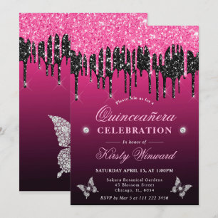 Convites Quinceanera Rosa Choque e Preto com Glitter Pingan